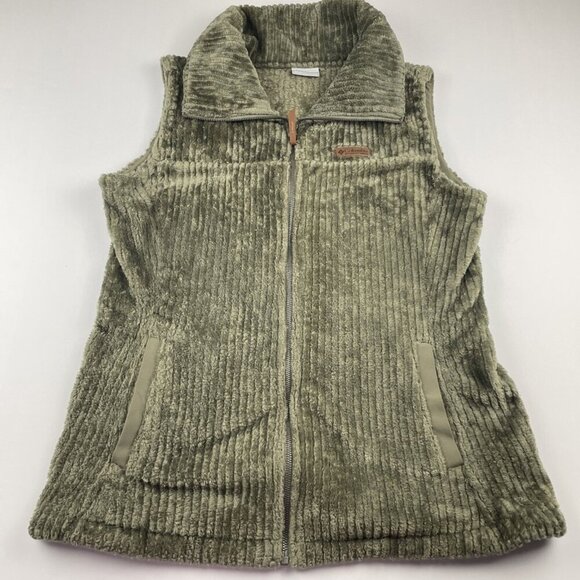 Columbia Fire Side Sherpa Vest Women’s L Green Zip Front Pockets Soft Poly - Picture 1 of 10